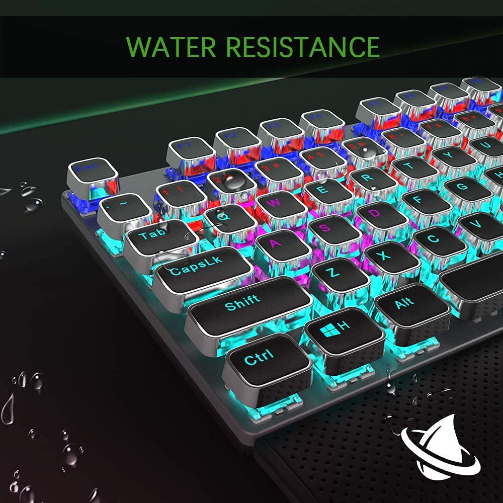 Fiodio Mechanical Gaming Keyboard, LED Rainbow Gaming Backlit, 104 Anti-ghosting Keys, Quick-Response Black Switches, Multimedia Control for PC and Desktop Computer, with Removable Hand Rest