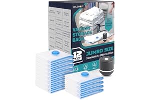 COLEMOLY Vacuum Storage Bags 12 Pack Jumbo Vacuum Sealed Bags for Clothing Vacuum Seal Bags Space Saver Bags Compression Bags Vacuum Bags for Travel with 1 Electric Pump