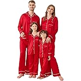 LYSTAO Satin Family Christmas Pajamas Set Soft Button Down Holiday Sleepwear Matching PJs for Couple Men Women Jammies Party