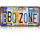 Vintage BBQ Zone License Plate Wall Decor Bar Metal Tin Sign 12 x 6 Inches