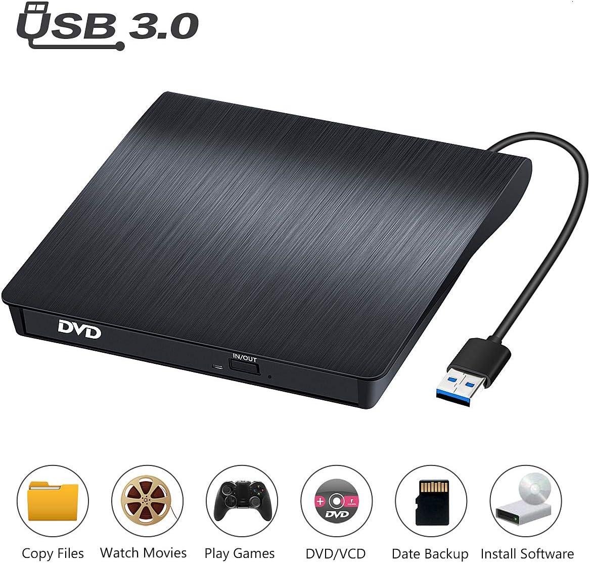 External CD/DVD Drive USB 3.0, BEVA Portable CD/DVDRW Burner CD Drive