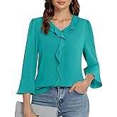 Funlingo Womens 3/4 Length Sleeve Tops V Neck Dressy Casual Blouses Tunic Trendy Business Office Ruffle Work Shirts