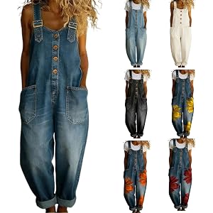 Linkpig Womens Denim Bib Overall Y2K Barrel Leg Button Front Romper Vintage Loose Jumpsuits Jean with Pockets
