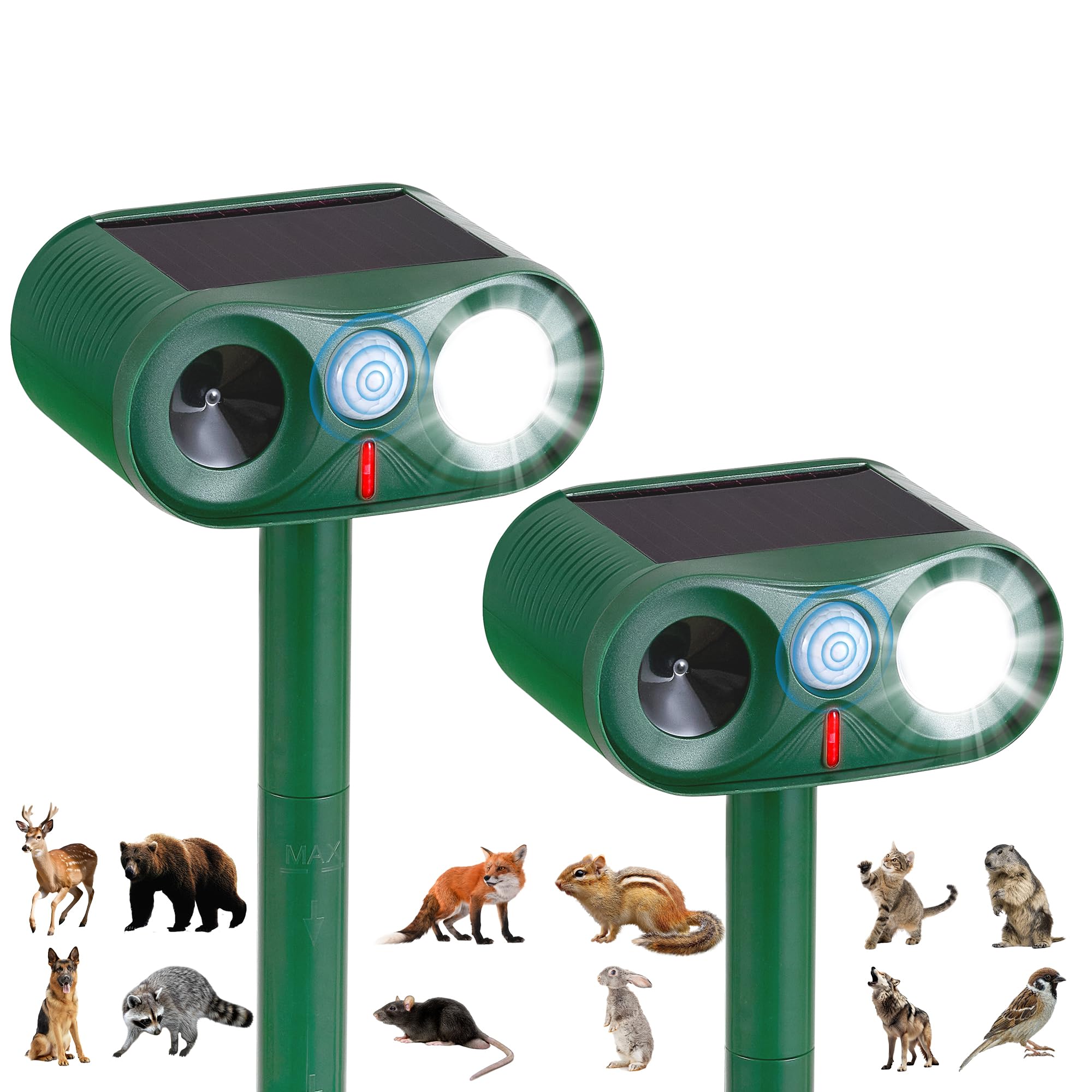 Photo 1 of 2Pack Solar Ultrasonic Animal Repeller with Strobe Light – for Gardens, Farms and courtyards Outdoor Deterrent for Raccoons, Deer, Squirrels, Cats, Skunks & Foxes