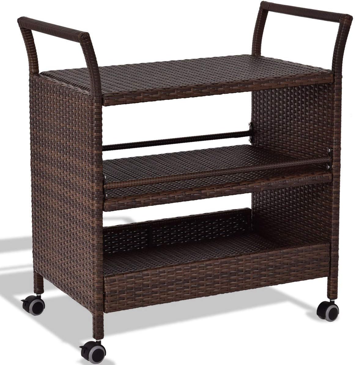 FDInspiration 32.3" Rolling PE Rattan Wicker Serving Cart Bar Trolley Rack w/ 3 Storage Shelves with Ebook