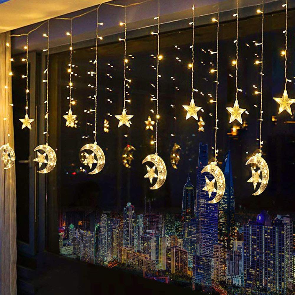 2.5M 138leds Moon Star Icicle LED Curtain String Light Window Curtain String Light Moon Star String Light for Ramadan Wedding Party Home Garden Bedroom Outdoor Indoor Wall Decorations (Warm White)