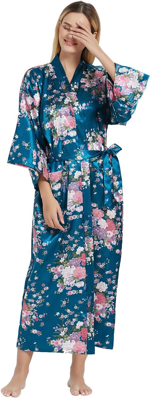 Women's Floral Long Satin Robes Long Length Silky Kimonos Bridesmaid Bride Robes Full Length Dressing Gown with Pockets