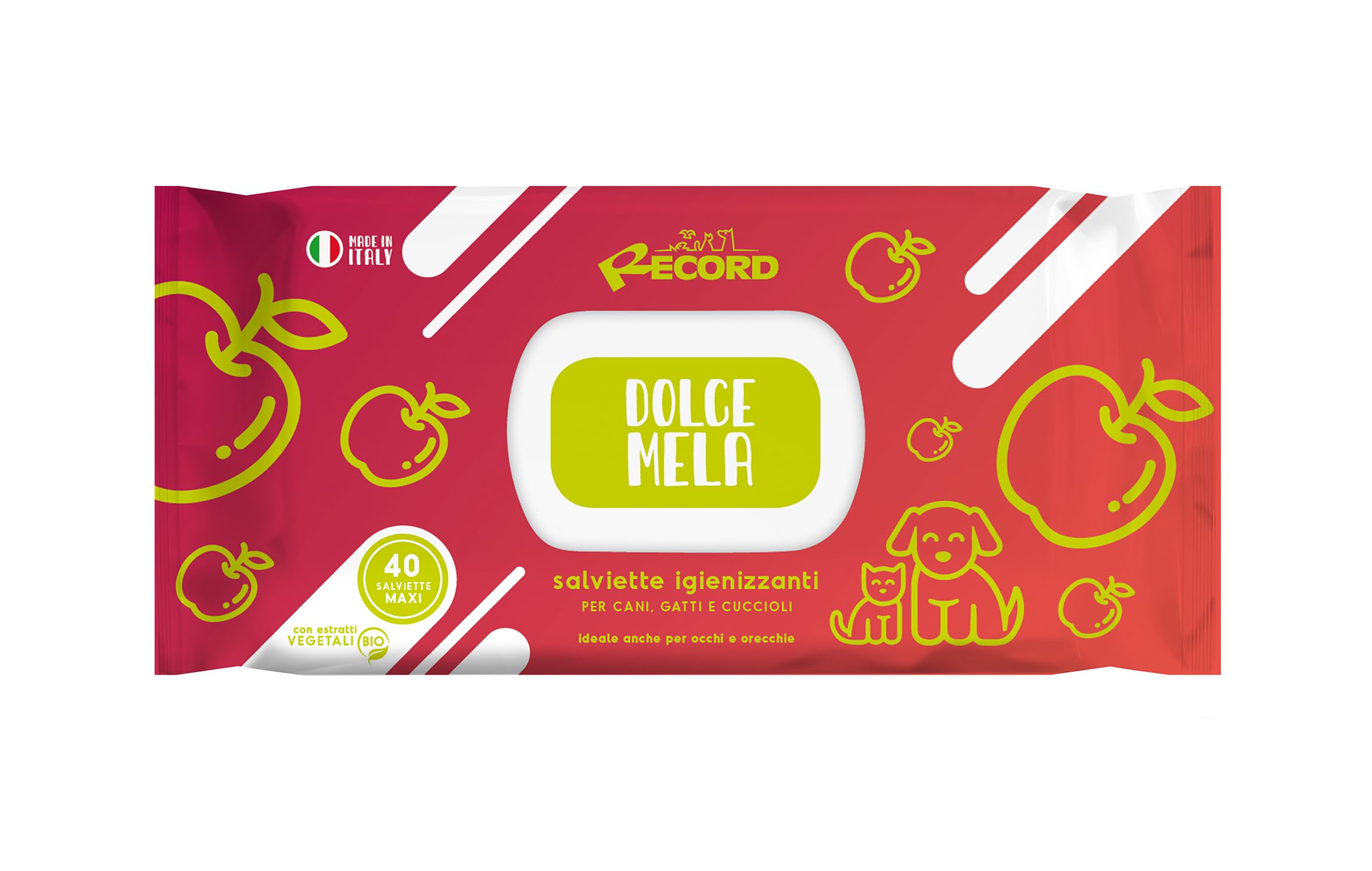 Record 40 x Pet Hygiene Wipes for Dogs and Cats, for Animals, Paws, Snout and Eyes, Protects Against Skin and PH. Apple Flavour