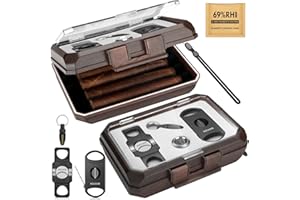 KEJIAR Cigar Humidor Set Travel Humidor for Cigars Includes 2 Multifunctional Cigar Cutters, Cigar Puncher, Humidity Pack, Hygrometer, Crushproof Airtight Cigar Case Cigar Box Gifts for Men (Dark)