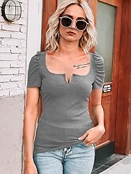 Valphsio Womens Puff Short Sleeve Top Ribbed Knit