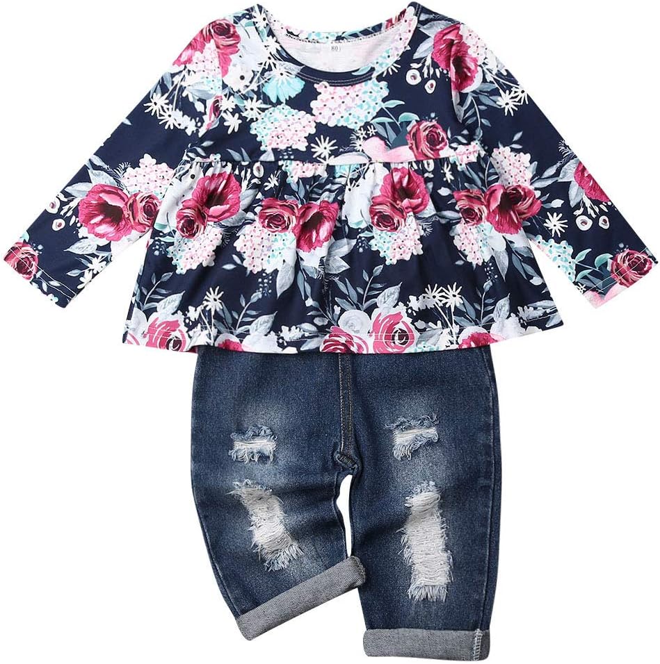 Baby Girls Clothes Denim Outfits Crop Top Shoudler Shirt +Ripped Fishnet Jeans Hole Pants Two Piece