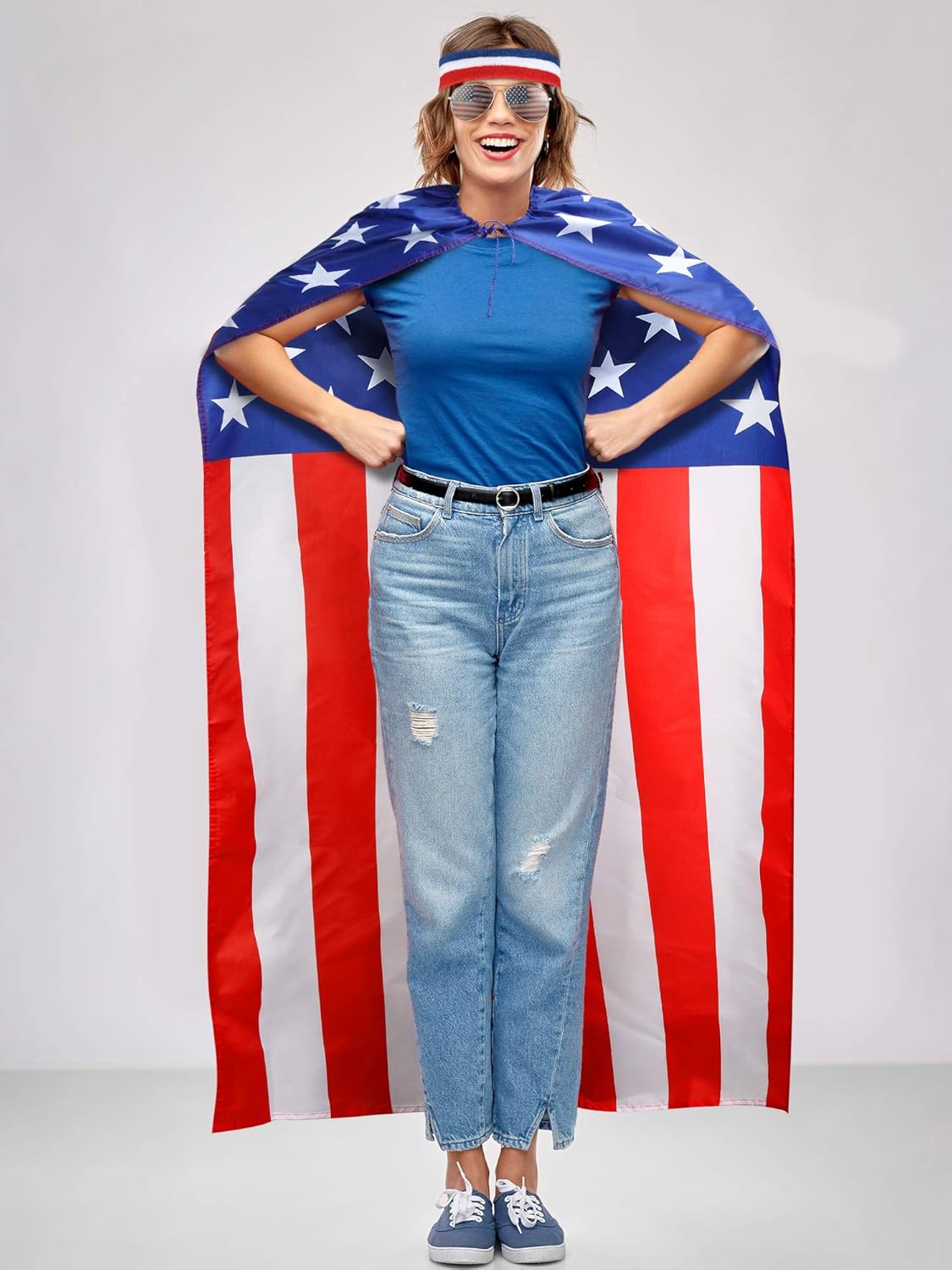 American Flag Costume Cape, Retro 80's American USA Sunglasses and USA Flag Headband for 4th of July Independence Day Celebration : Beauty