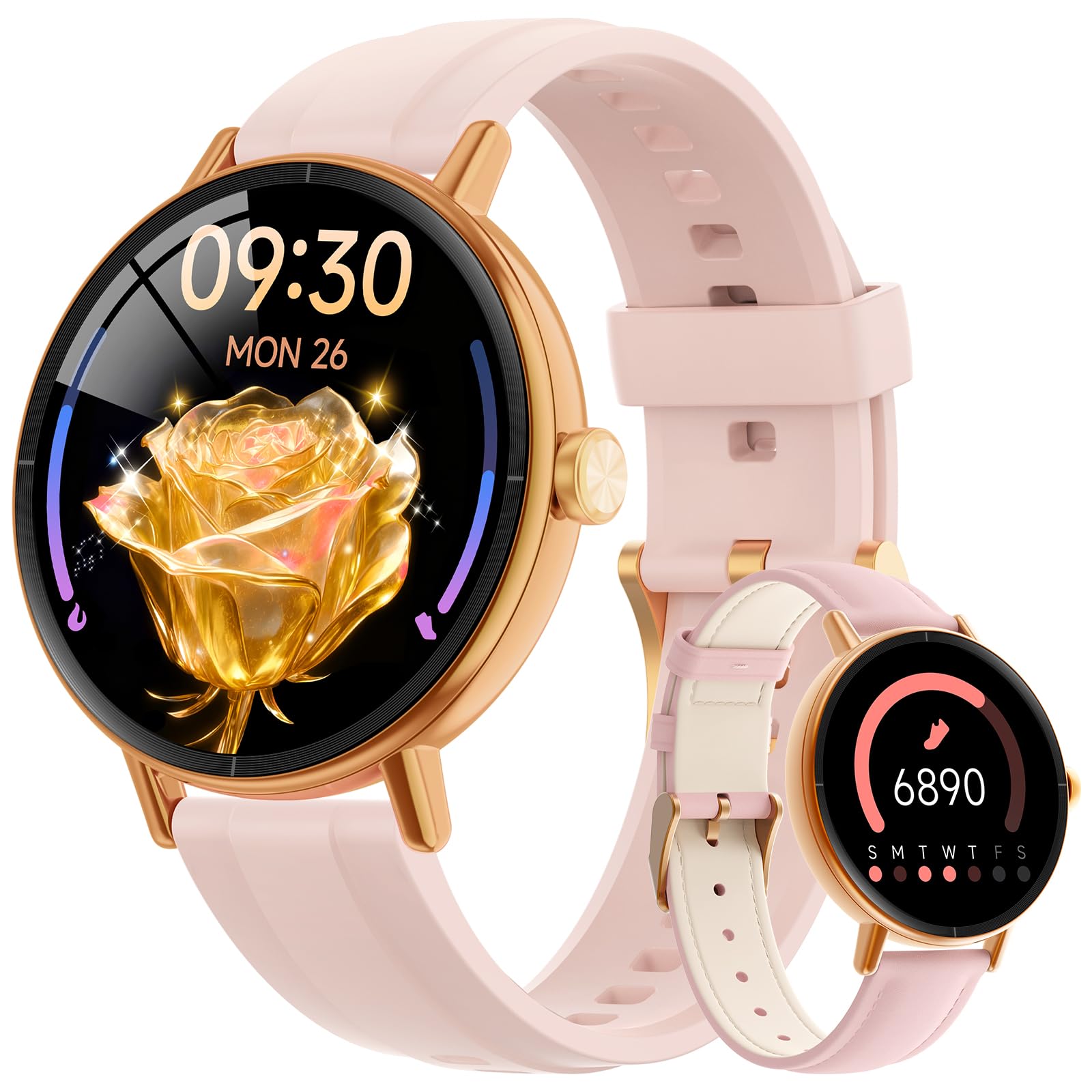 Photo 1 of Yoever Smart Watches for Women,1.27" HD Fitness Tracker Answer/Make Call, Heart Rate/Sleep/SpO2?Round Smart Watch for iPhone/Samsung/Android,IP68 Waterproof?110+ Sport Mode-Pink(2 Bands)