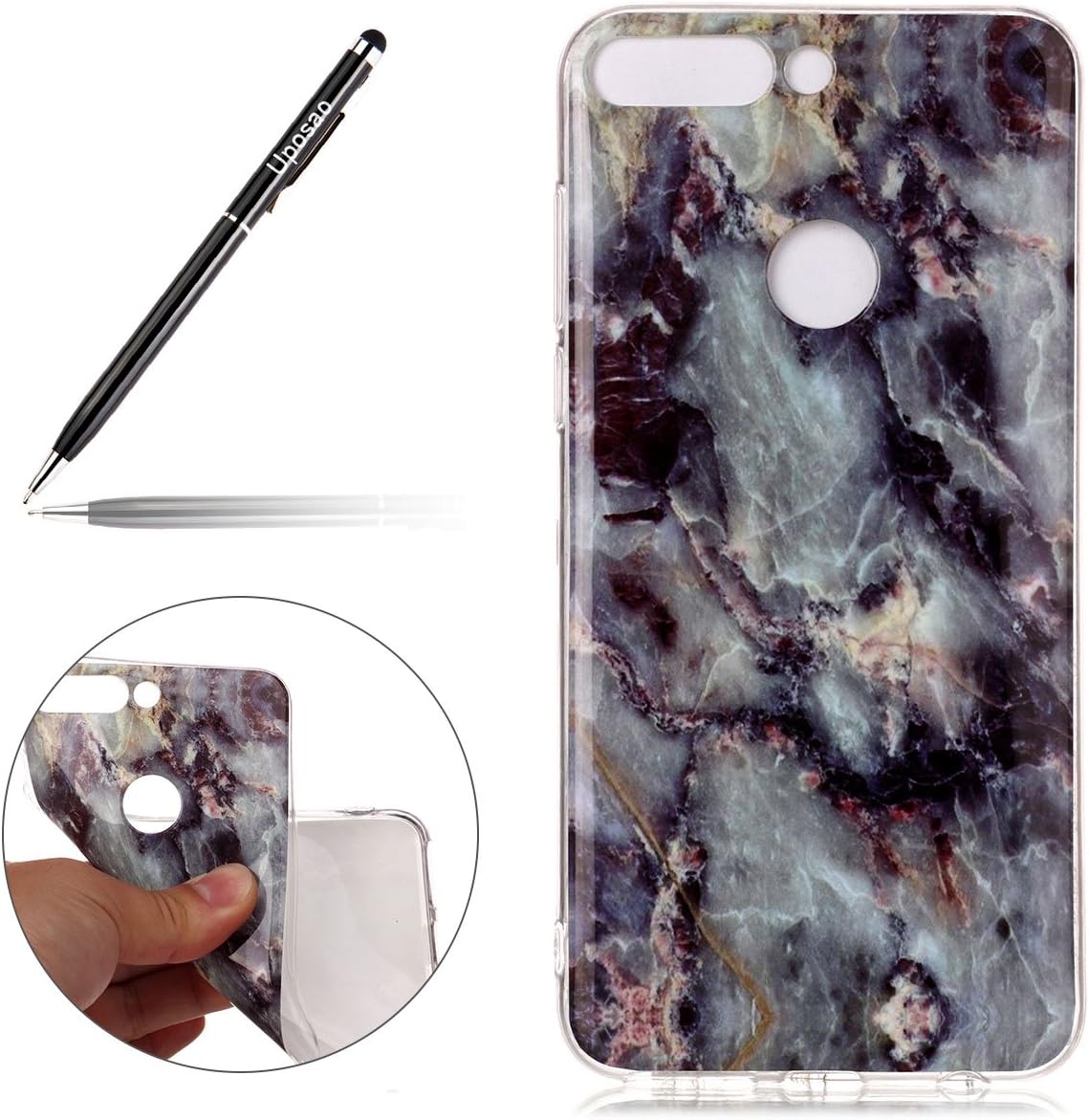 Uposao Silicone Case Compatible with Huawei Y7 2018 Shockproof Cover Marble Design Transparent Case Clear Bumper Slim Soft Flexible TPU Silicone Rubber Gel Protective Phone Case,White Black