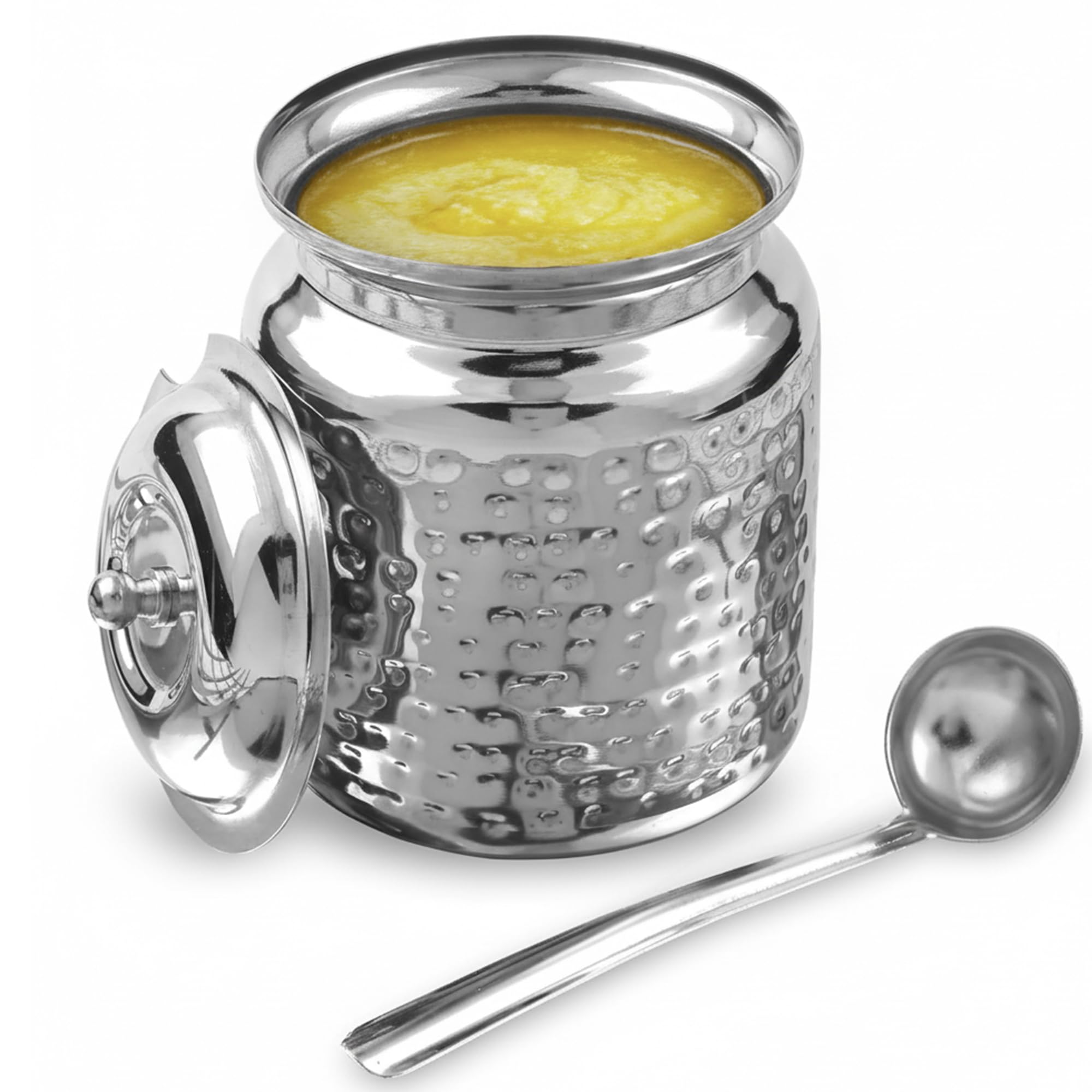 KSJONE Stainless Steel Hammered Oil and Ghee Container for Kitchen I Multipurpose Oil Container with Lid I Capacity of 500 ml