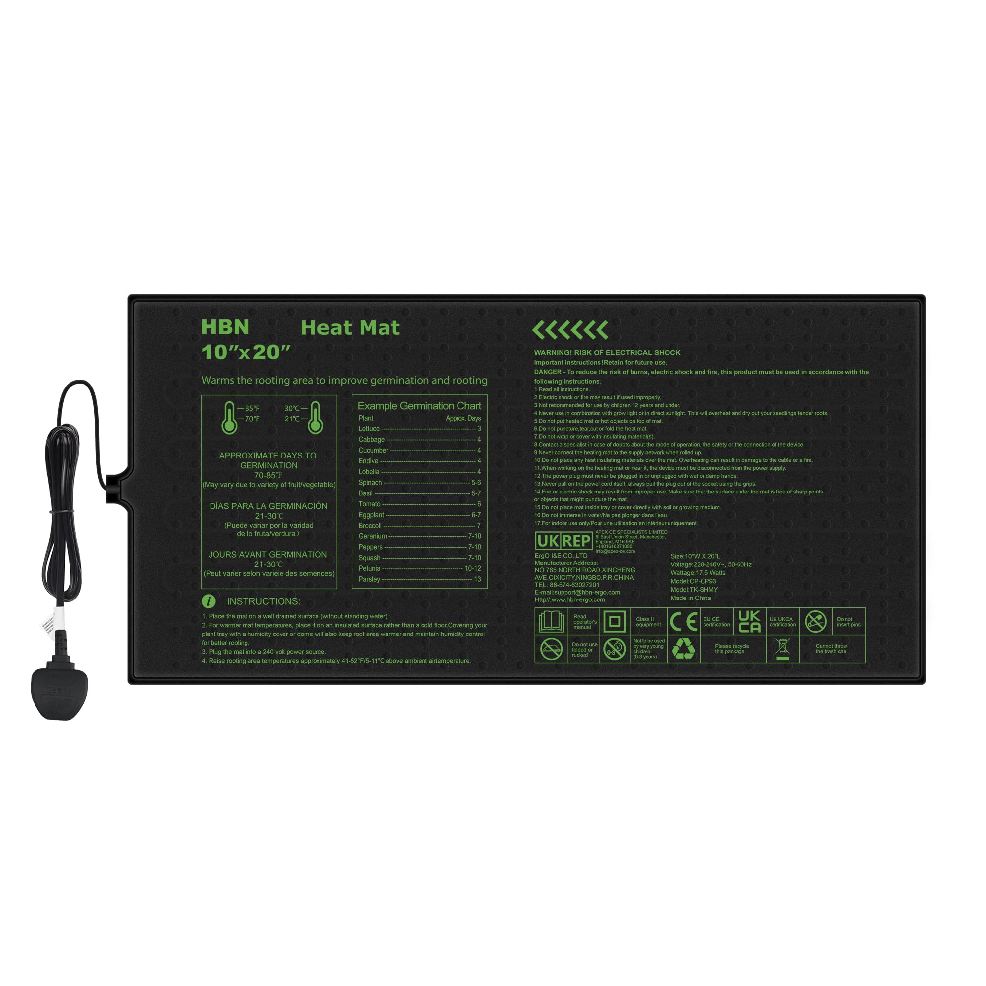 HBN Durable Seedling Heat Mat,Waterproof Hydroponic Heating Pad,Seedling Heating Pad for Winter Indoor Seedling Germination and Greenhouse(10"x 20",1pc)