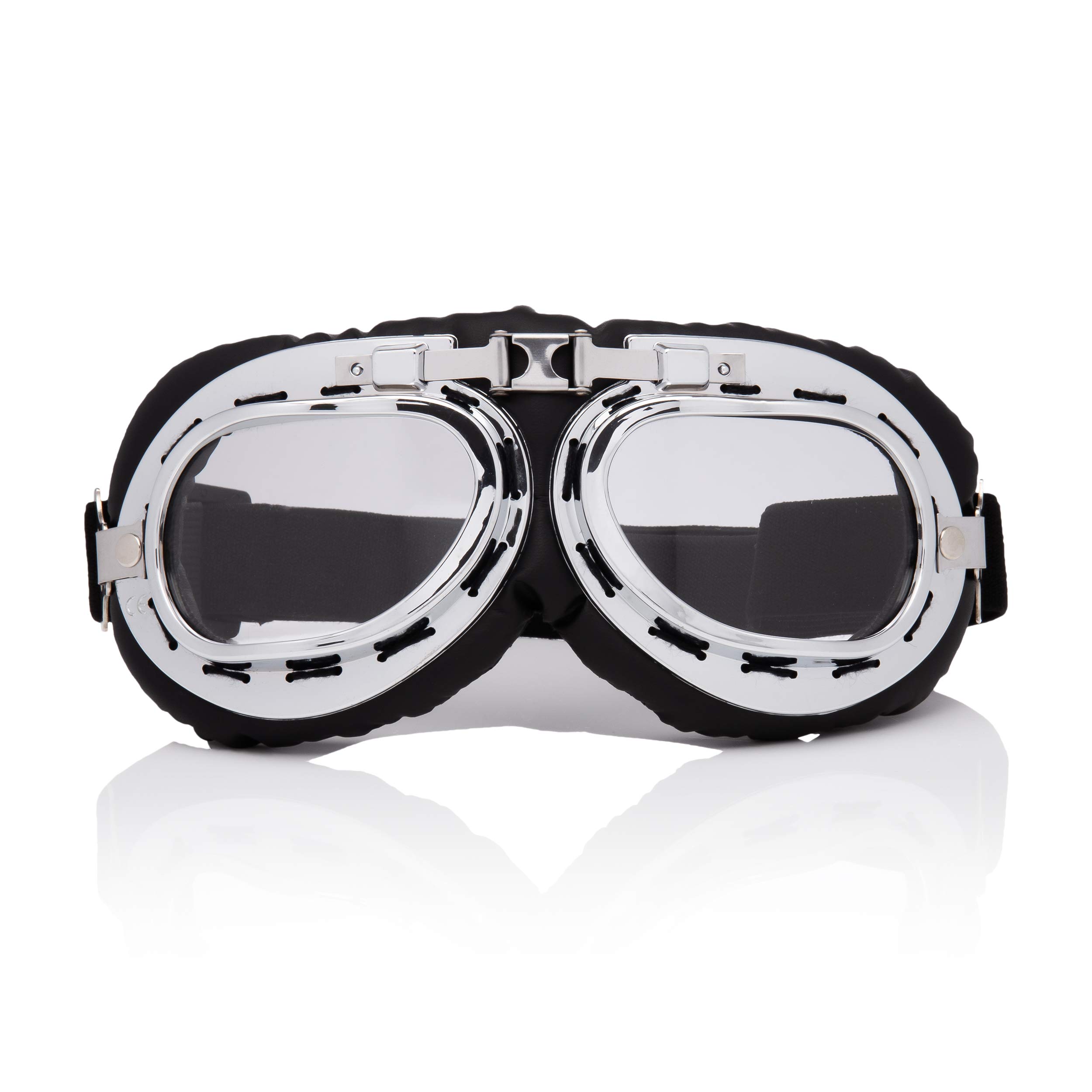 Ultra Silver Frame Clear Lenses Vintage Classic Motorcycle Helmet & Steampunk Retro Cyber Pilot Flying Goggles WW2 Battle of Britain Cosplay Eyewear Steampunk Goggles RAF Fancy Dress Cyber Glasses