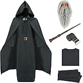 EDAUWAE Wizard Costume Men Pagan Tunic Cloak Warlock Robes Wizard Outfit with Wig Beard Cloak Magic Wand Halloween Costume