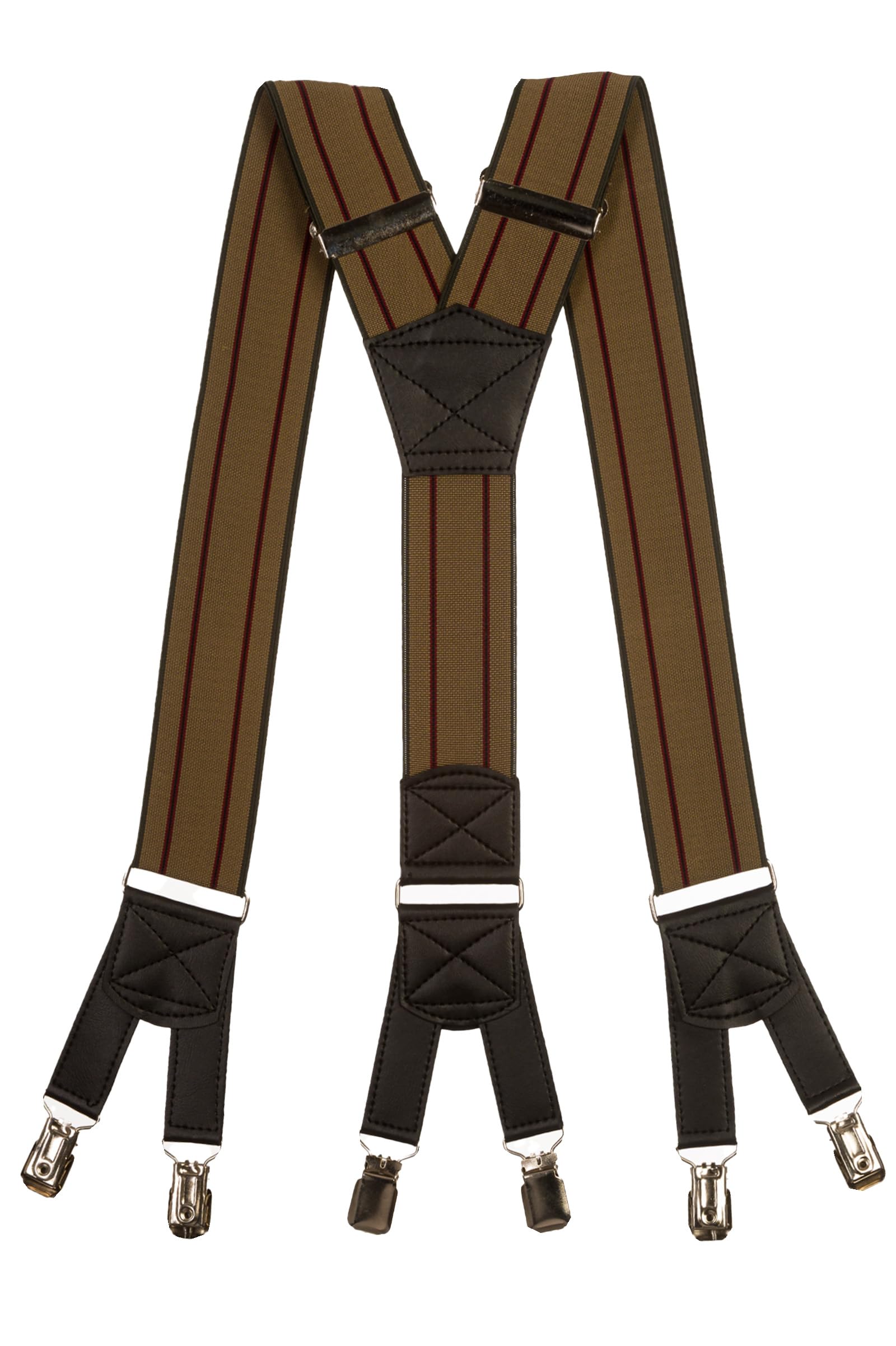Olata Men's Extra Wide Heavy Duty Y-Shape Braces/Suspenders with Six Clip Design - 5cm. Cream with Burgundy Stripes/Green Trim