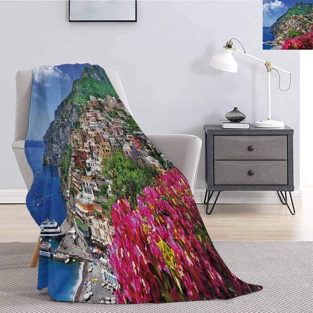 Luoiaax Italy Comfortable Large Blanket Scenic View of Positano Amalfi Naples Blooming Flowers Coastal Village Image Microfiber Blanket Bed Sofa or Travel W70 x L70 Inch Pink Green Blue