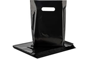 POPGIFTU Black Plastic Bags with Handles, Bulk 100 Pack - 9x12 Inches, 1.75 Mil Thick, Small Retail Shopping Bags for Gifts, 