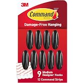 Command Medium Black Designer Hooks, 9 Hooks, 12 Strips | Damage-Free Hanging Wall Hooks with Adhesive Strips, No Tools Adhesive Hooks for Organization and Storage, Holds up to 3 lb