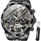 OLEVS Men Automatic Watch Diamond Skeleton Mechanical Luxury Self Winding Moon Phase Calendar Waterproof Wrist Watch for Men
