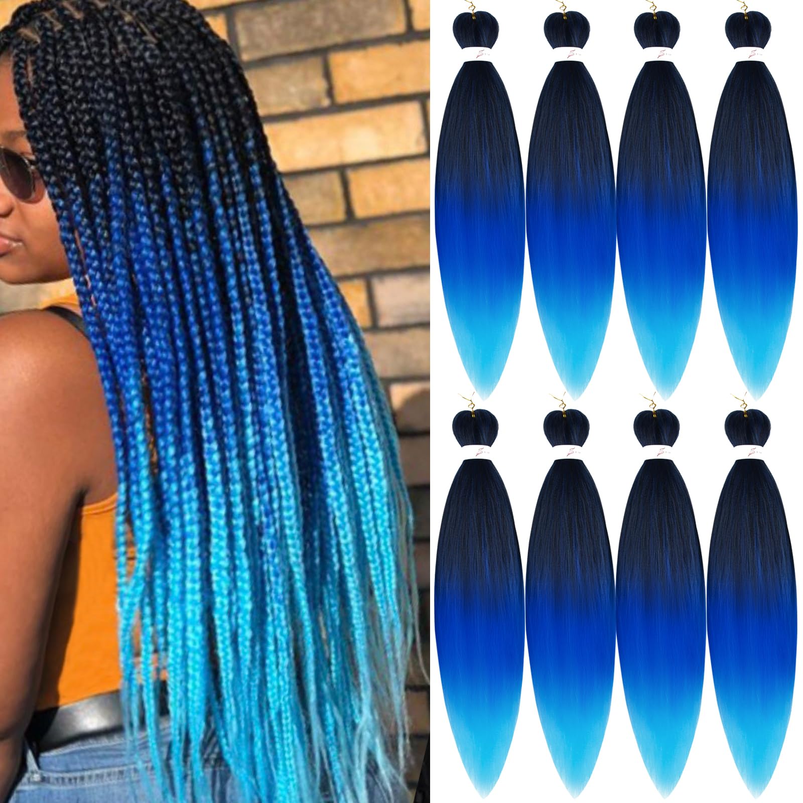 Pre-stretched Braiding Hair Professional Easy Crochet Braid Hair 26 Inch 8 Packs Hot Water Setting Soft Synthetic Braiding Hair Extension for Twist Senegalese Crochet Hair(26 inch, T1B/blue) โ image 1