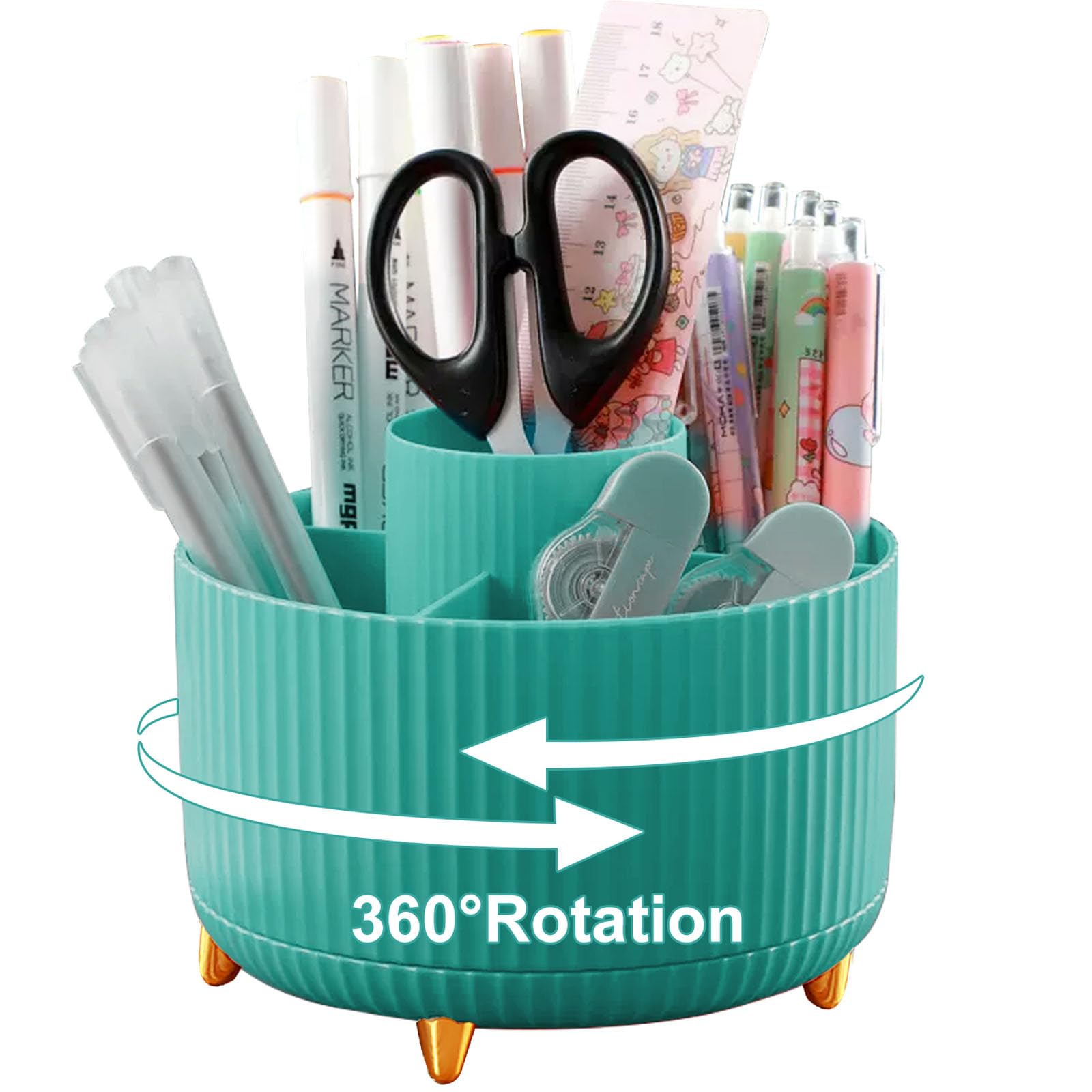 Lenfuos Rotating Pen Pencil Holder Desk Organiser - 360 Degree Pencil Pots Makeup Brush Holder with 5 Compartments for Home Office Supplies Desktop Tidying and Stationary Storage (Blue) — image 1
