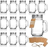 PIEMEET 12 Pack Mason Jar Cups, 16 oz Mason Jars with Handle and Lids, Reusable Glass Mugs, Glass Drinking Jars for Beverages Juice Cocktails Iced Tea Smoothies Party Favors