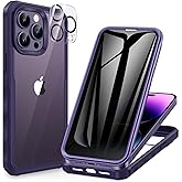 CENHUFO Privacy for iPhone 14 Pro Case, Full Body Phone Case with Built-in 9H Tempered Glass Privacy Screen Protector and Camera Lens Protector, Anti Peep Shockproof Bumper Clear Cover - Deep Purple