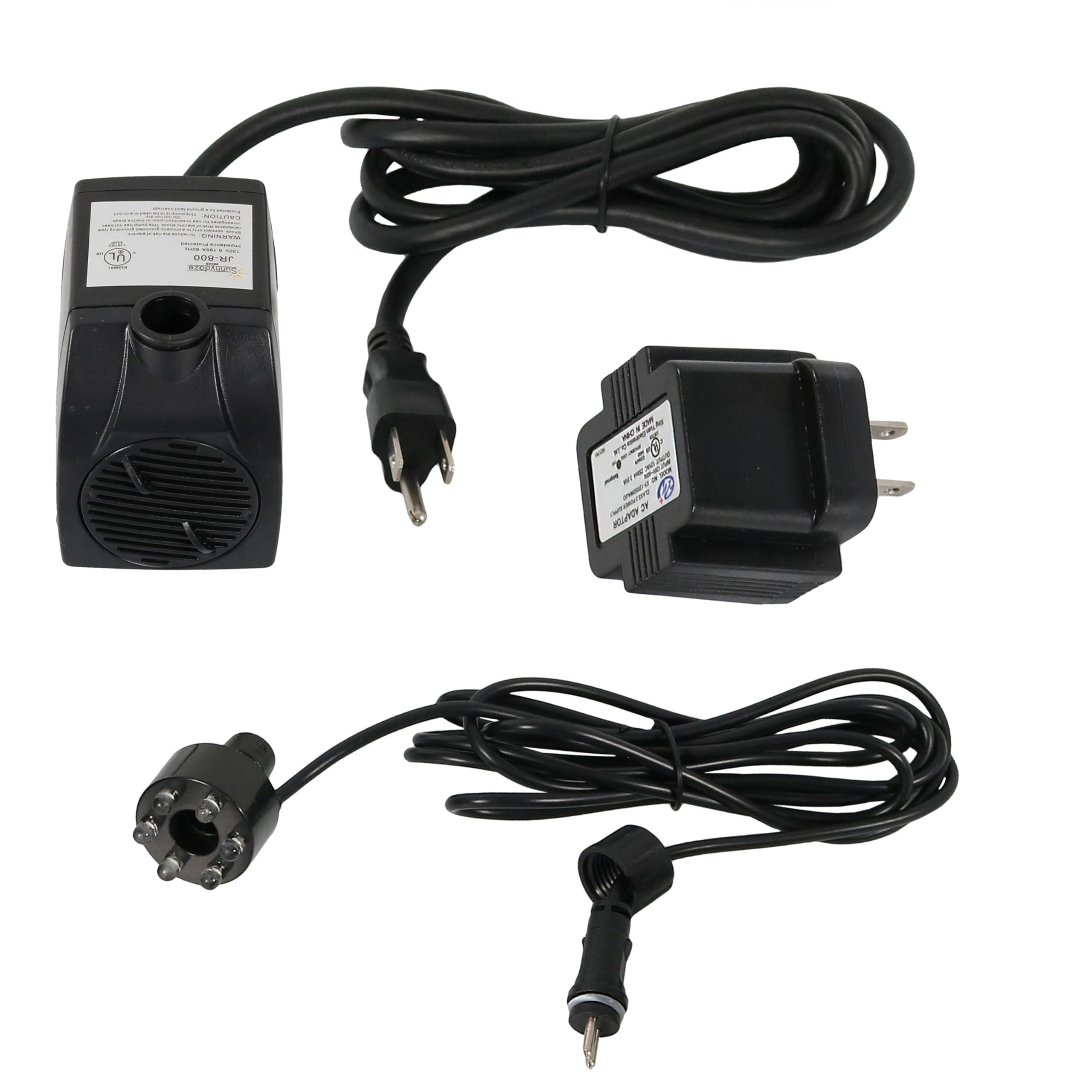 Photo 1 of Sunnydaze 200 GPH Submersible Water Pump – 12W, 12V Small Fountain Pump with Adjustable Flow, White LED Light & Transformer for Outdoor Fountains, Bird Baths, Aquariums
