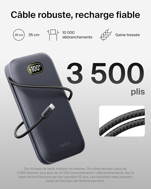 UltraCharge Pro Batterie Externe 27000mAh, Chargeur Portable avec Câble USB-C Intégré, USB PD 240 W, Power Bank Charge Rapide pour MacBook Pro, iPhone, iPad, Galaxy, Pixel, etc., Gris