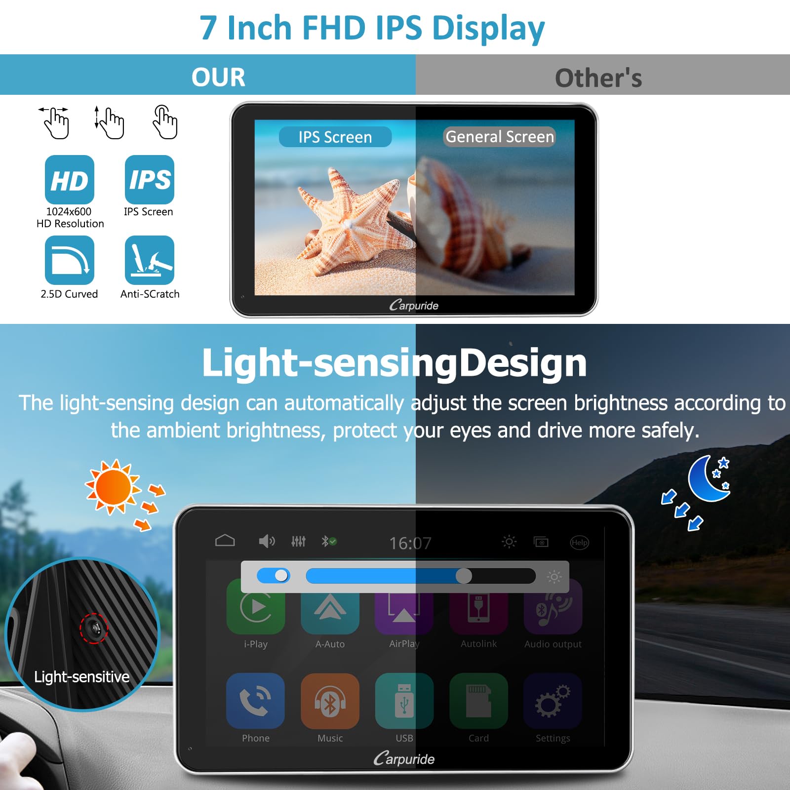 Carpuride 2024 Newest Upgrade Wireless Carplay & Android Auto 7 Inch Full HD Touch Screen Portable Car Radio Receiver,Car Stereo with Mirror Link, Bluetooth