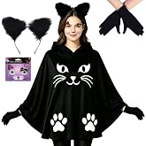 Black Cat Costume for Women Adult Halloween Poncho Cape | Plush velvet hooded cat poncho with ear headband, gloves and face decals. Black Halloween costume for women adults cosplay.