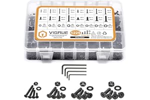 VIGRUE 1225PCS Metric M2 M3 M4 M5 Flat Hex Head Socket Cap Screws Black Zinc Plating Alloy Steel Small Bolts Nuts Washers Assortment Kit, Allen Socket Drive with 4Pcs Hex Wrenches