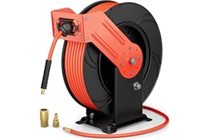 BREARO Air Hose Reel, 3/8 In X 65 ft Retractable Air Hose Reel, Double Arm & Auto Rewind Air Compressor Hose Reel Heavy Duty Air Tool Hose Reels with 6 ft Lead In Max 300PSI for Ceiling/Wall Mounts