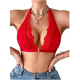 OYOANGLE Women's Lace Bralette Halter Neck Trim Front Closure Lace Bra Wireless Backless Knitted Casual Everyday Bras