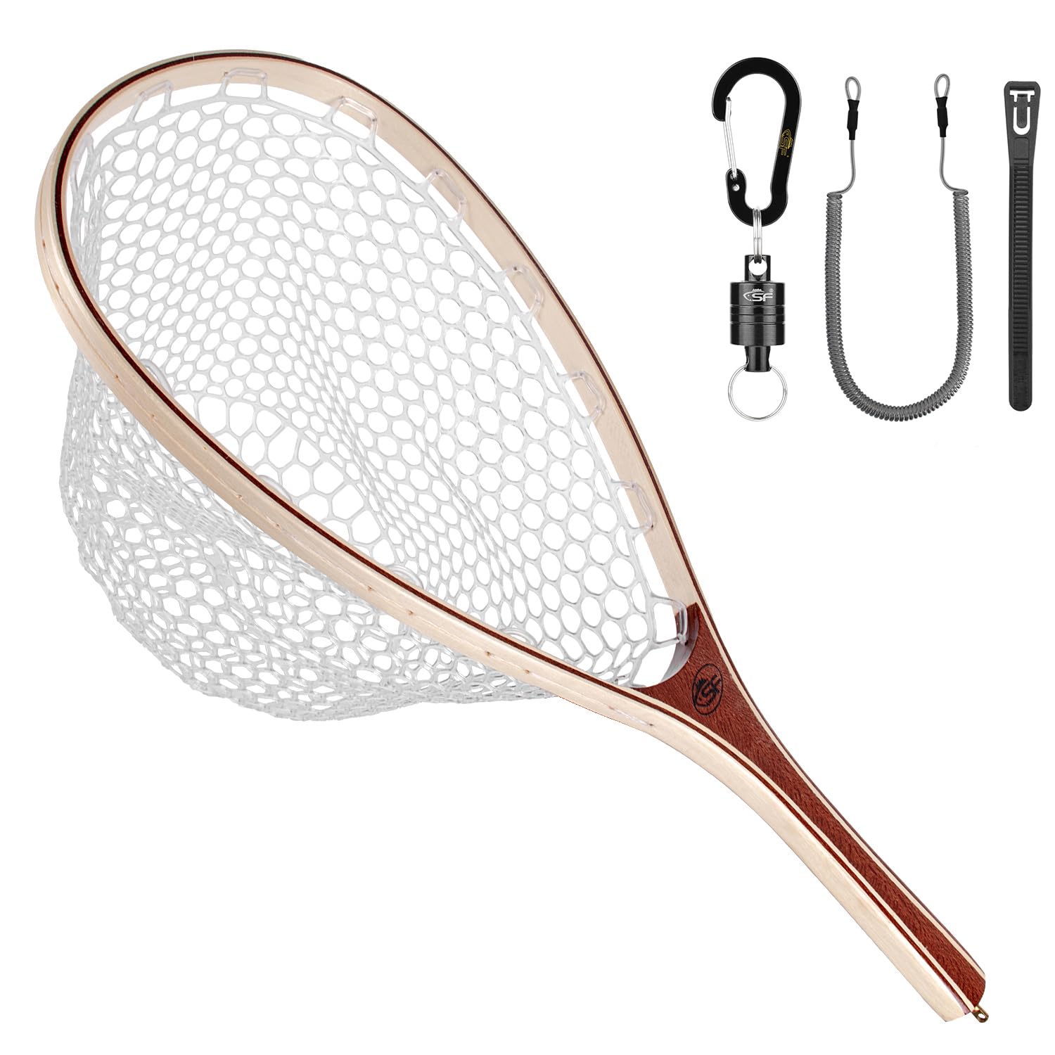 SF Fly Fishing Landing Net Soft Rubber Wooden Frame Small Hole Net Trout Fishing Net Catch and Release Release Combination Kit with Black Magnet/One Net and One Magnet