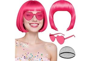 MEEZY Hot Pink Short Bob Wigs Straight Hair with Flat Bangs Heart Sunglasses for Women, Colorful Funny Cosplay Daily Party Neon Wig Synthetic Natural As Real Hair Carnival Halloween Costume