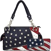 Western Cowgirl American Flag Stars and Stripes Rhinestone Women Leather Handbag Country Purses Wallet Set Red White Blue, Large