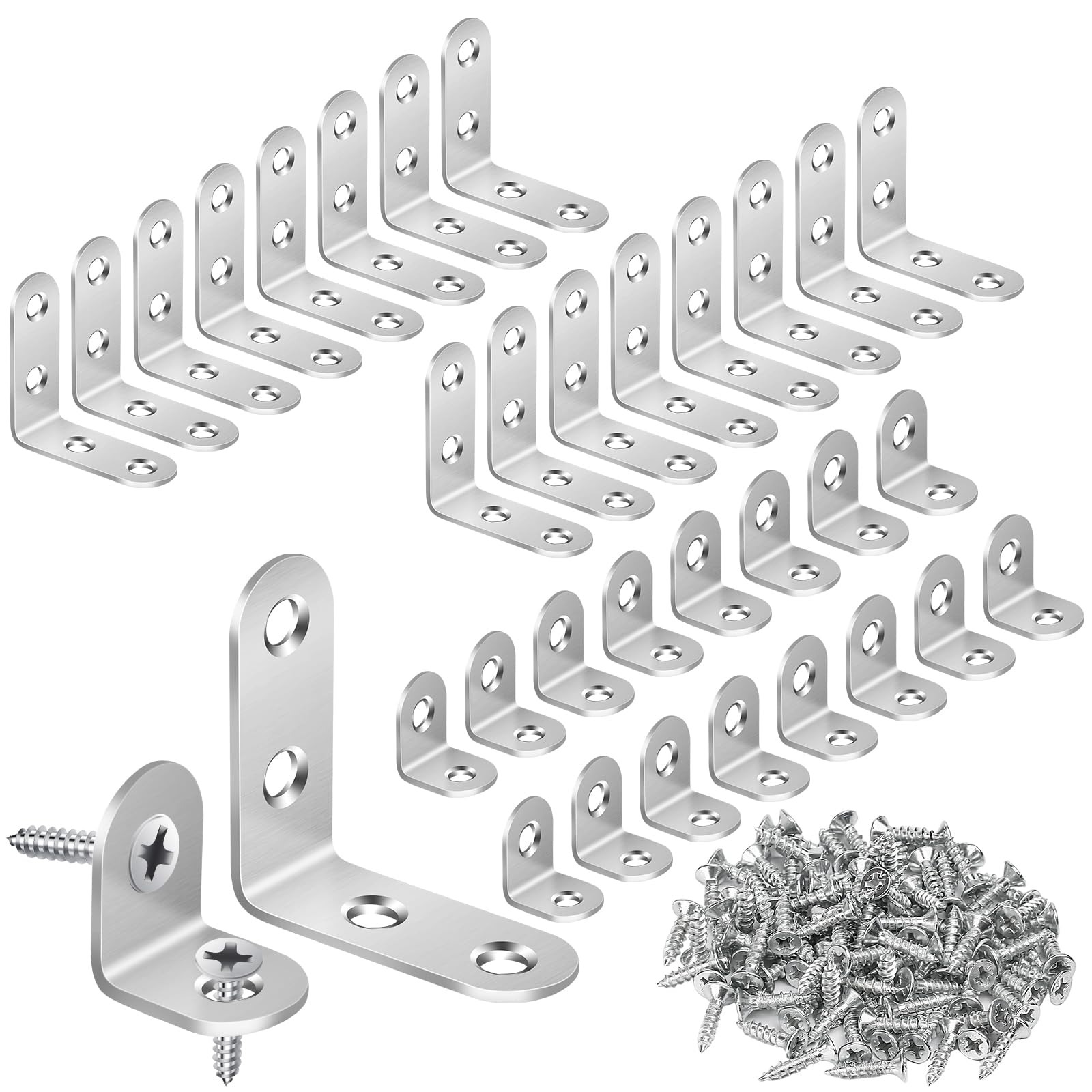 MAPVOLUT 32 PCS L Bracket, Heavy Duty L Brackets for Wood Shelves, with 100* Screws, 90 Degree Stainless Steel Corner Angle Bracket Metal Shelf Brackets Corner Cabinet, 16*(1.6x1.6in), 16*(0.8x0.8in)