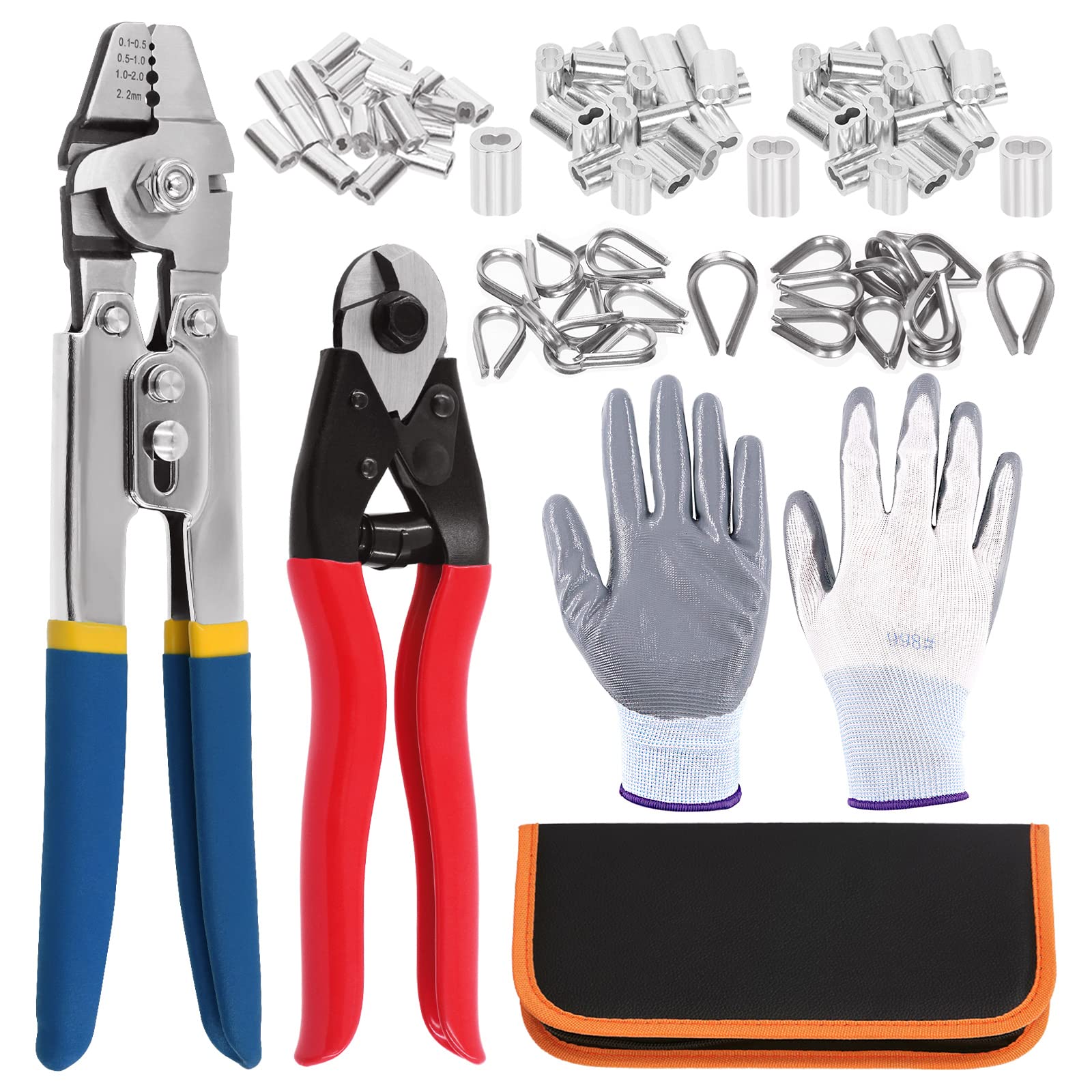 Swpeet 83Pcs Wire Rope Crimping Tool Set, Cable Crimps Up to 2.2mm and Cable Cutter Up to 5/32", 3 Size Aluminum Double Crimping Loop Sleeve, 2 Size Stainless Steel Thimble and Cut Resistant Gloves