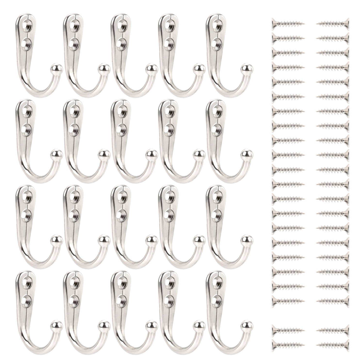 Wall Mounted Hook 20 Pieces Robe Hooks Retro Single Coat Hanger and 44 Pieces Screws (Silver)