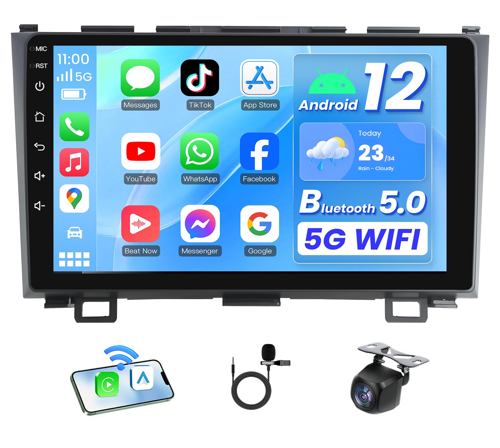Car Radio Stereo for Honda CRV 2007-2011: 5G WiFi 9 inch 1280 * 800 HD IPS Touchscreen Head Unit Wireless Carplay Android Auto Upgrade GPS Navigation Bluetooth Backup Camera FM EQ HiFi