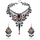 Qrettie Choker Necklace Earrings Set for Halloween Punk Steampunk Costume Party Women Gothic Black Lace Necklace Vintage Lolita Victorian Halloween Choker Vampire Pendant (Red)