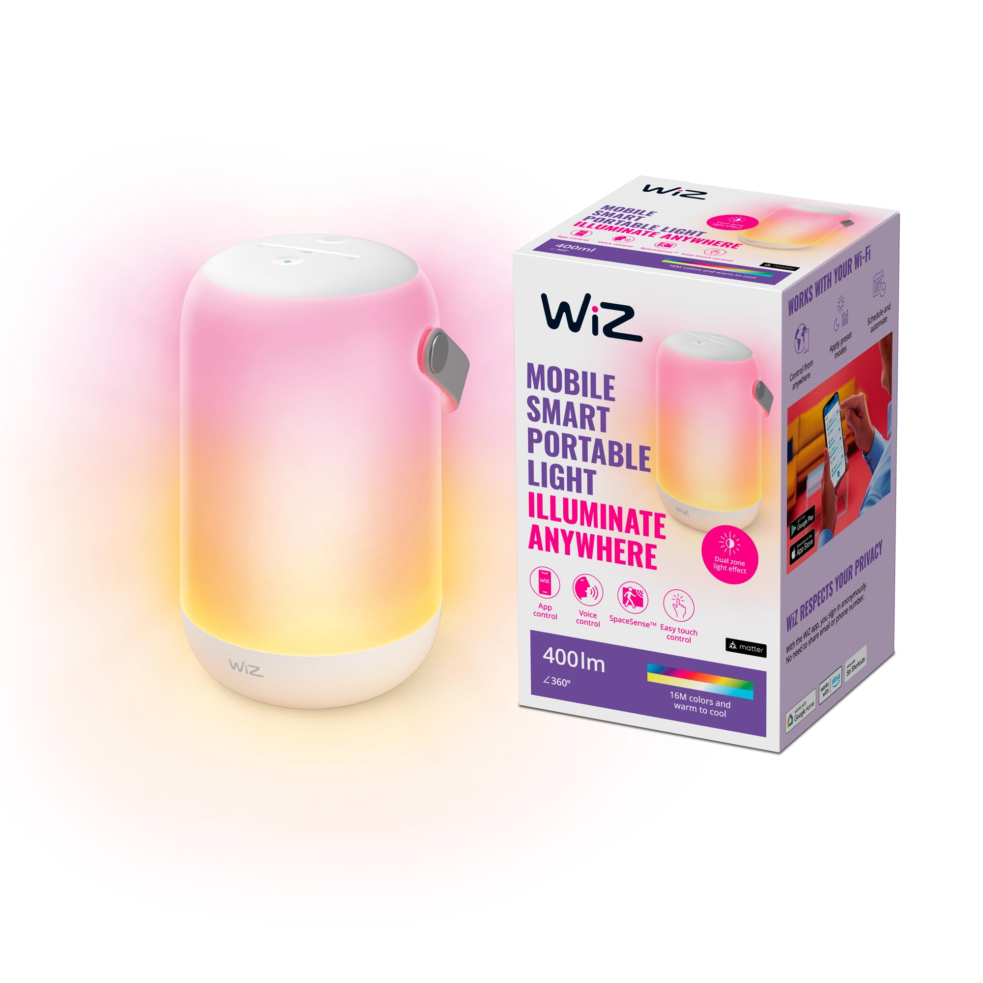 WiZ Mobile Colour Portable Smart LED Table Lamp [UK Plug] WiFi Smart Connected Lighting. App Control for Indoor Livingroom, Bedroom, Dining.