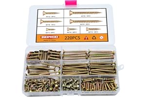 Indprod M4 M5 Flat Head Wood Screws Assortment Kit 220 Pcs,Phillips Drive Countersunk Head Self-Tapping Wood Screws,Yellow Zinc Plated Finish Screw Kit,Screws for Drywall/Sheetrock/Wood,Full Thread