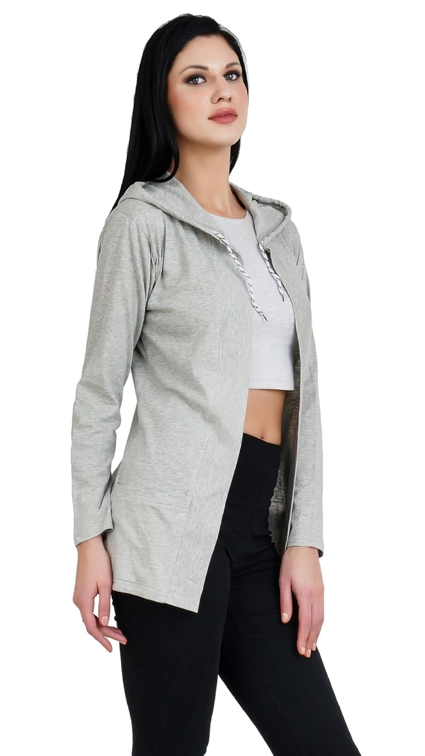 bfly women fullsleeve hooded pocket viscose shrug-(grey & black)