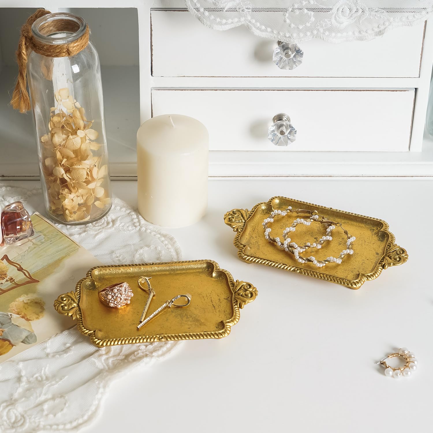 Photo 1 of NIKKY HOME Small Jewelry Dish Ring Holder, Set of 2 Vintage Trinket Display Decorative Metal Tray Classy Birthday Christmas Gifts, Gold